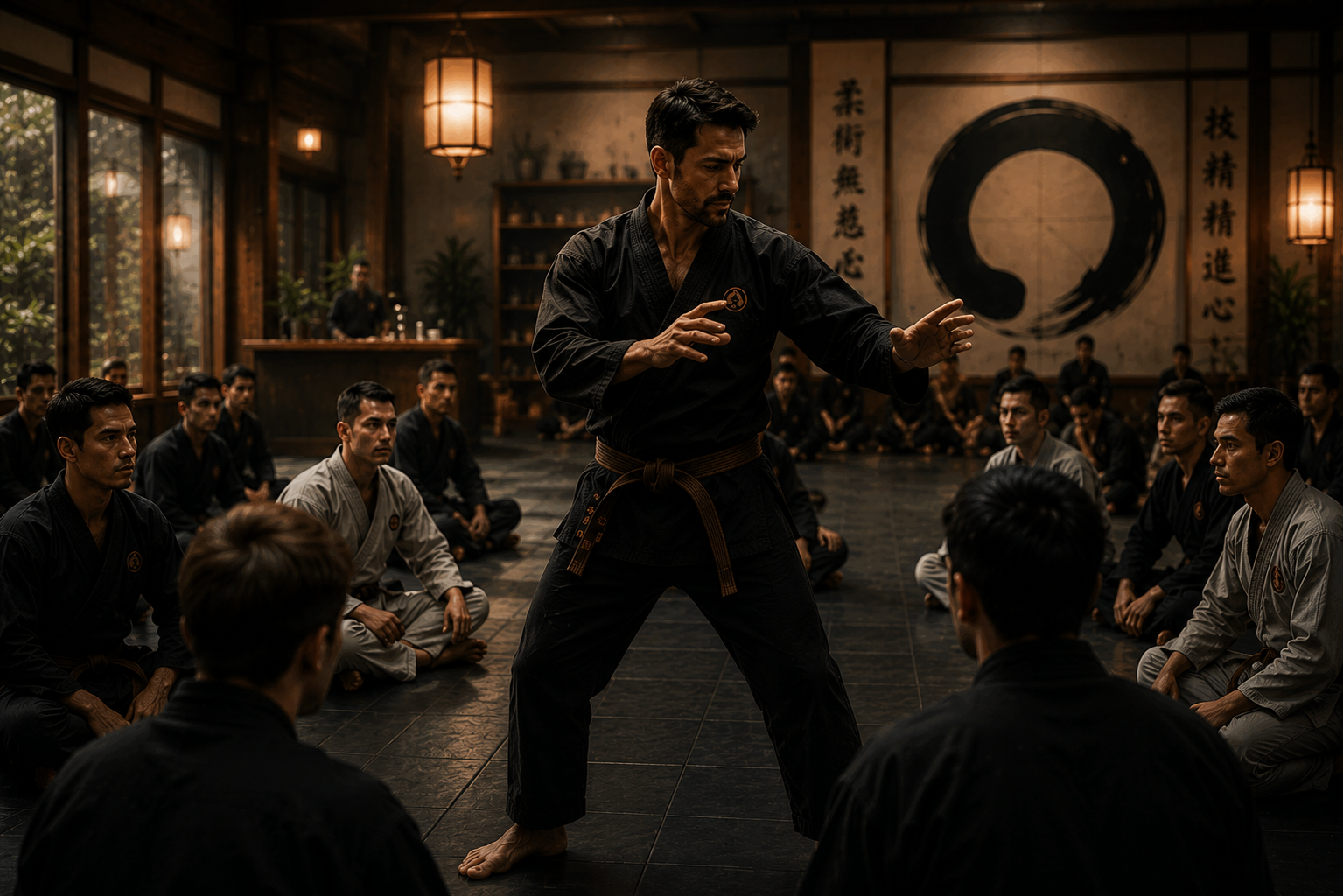 An instructor teaching a class of students in a warm dojo