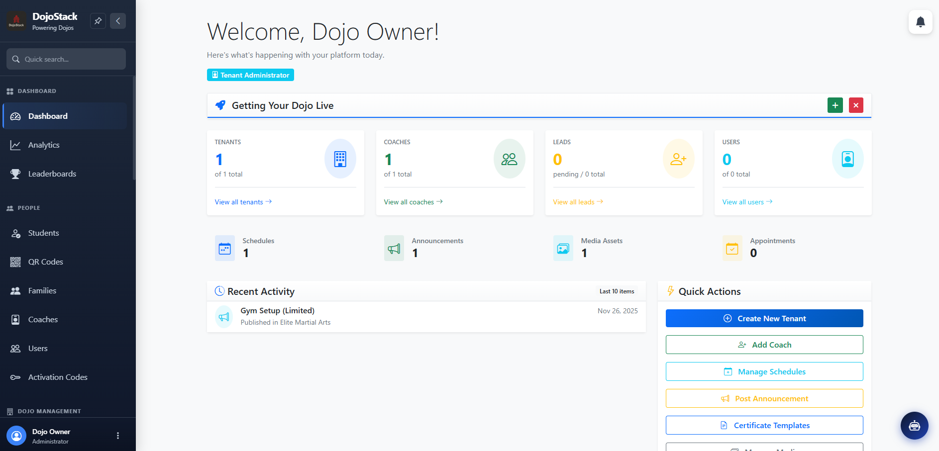 DojoStack owner dashboard with KPIs, pipeline, and AI insights