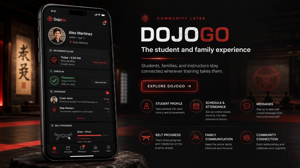 DojoGo: The student and family experience. Students, families, and instructors stay connected wherever training takes them.