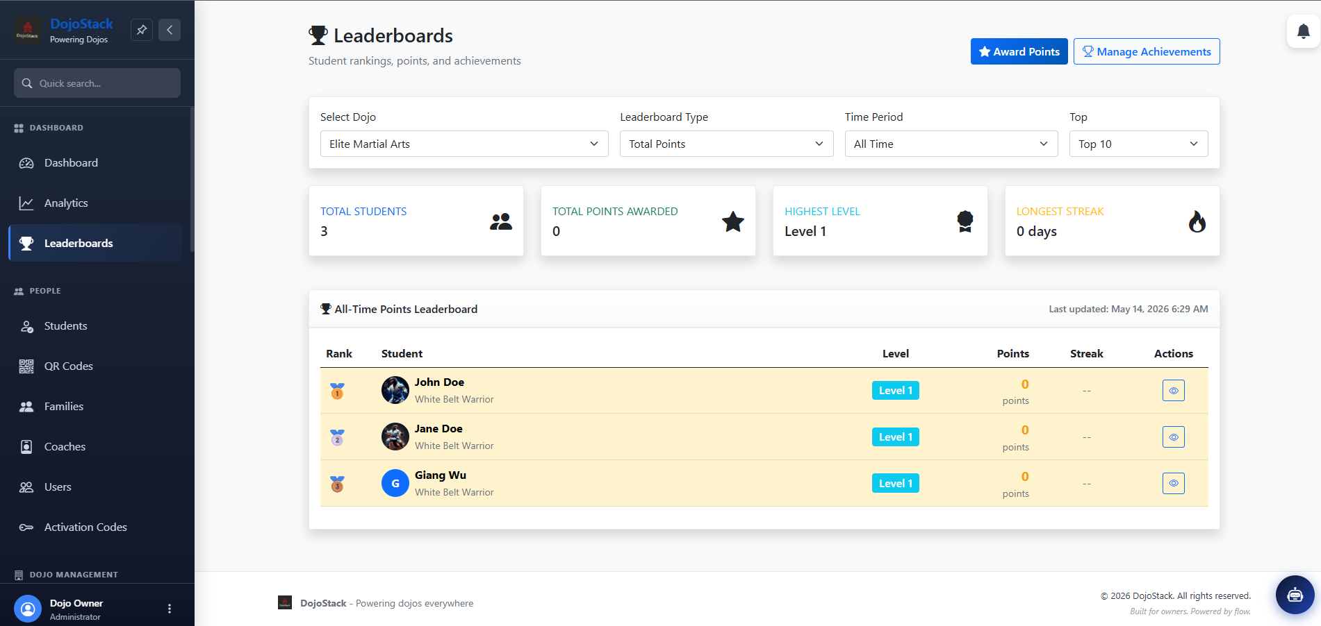 DojoStack student leaderboard with attendance, ranks, and progress