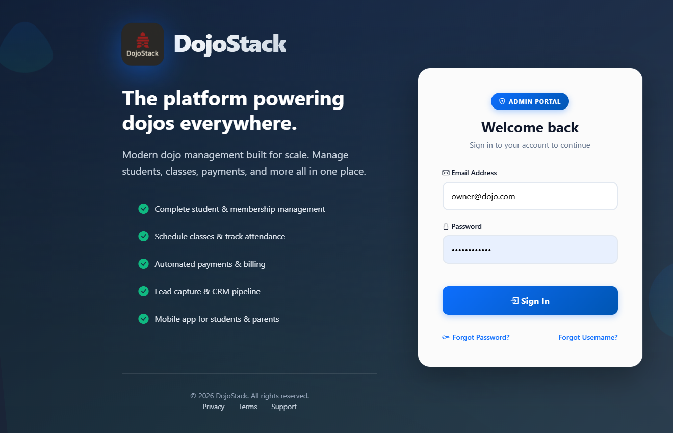 DojoStack secure owner login screen