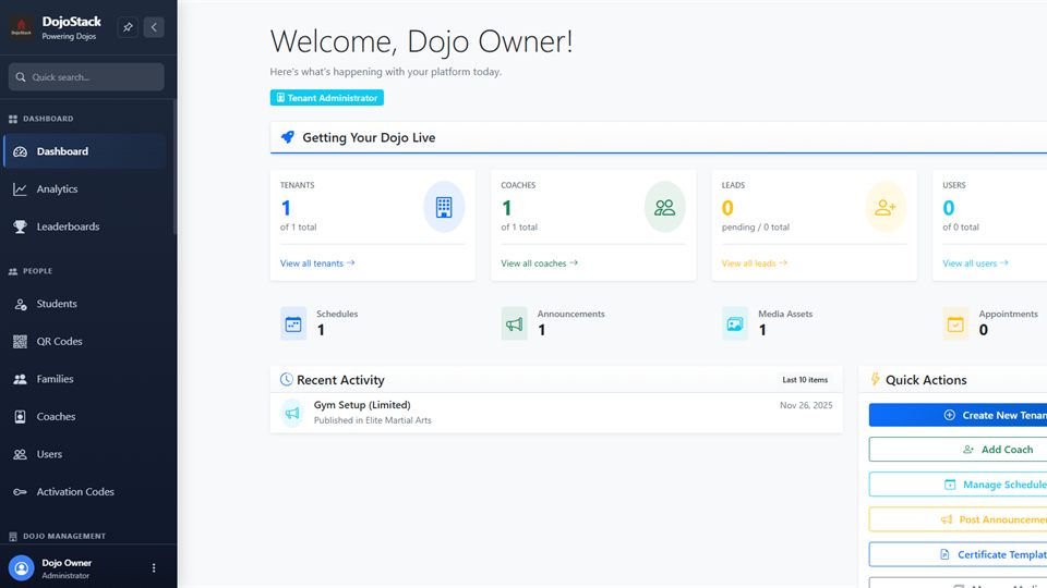 DojoStack owner dashboard for martial arts CRM, billing, and AI insights