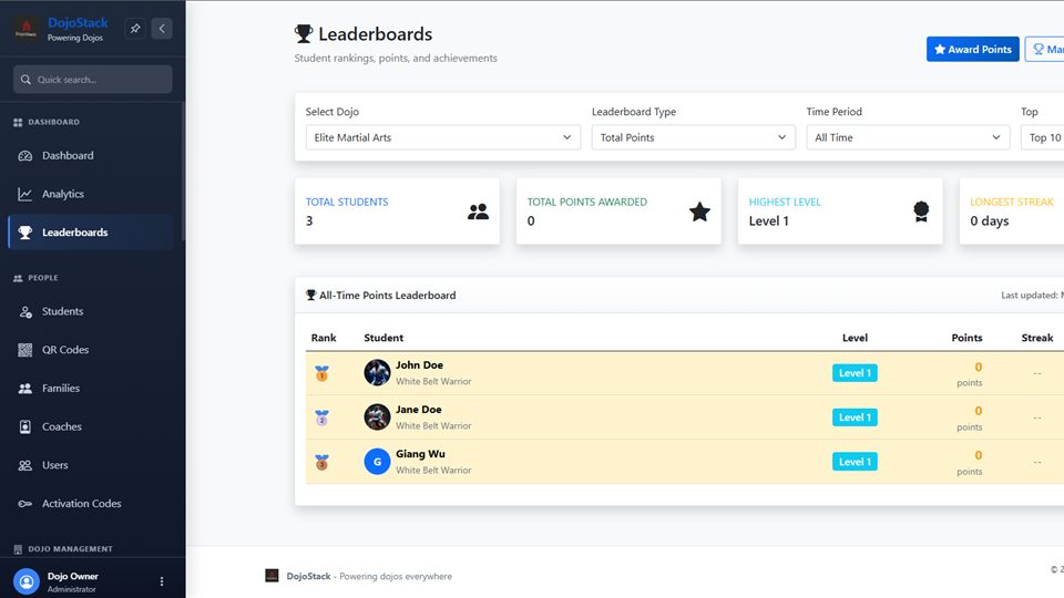 DojoStack student leaderboard with attendance, belt ranks, and progress