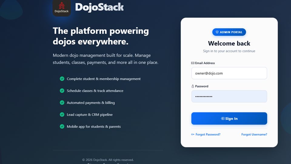 DojoStack secure owner login screen